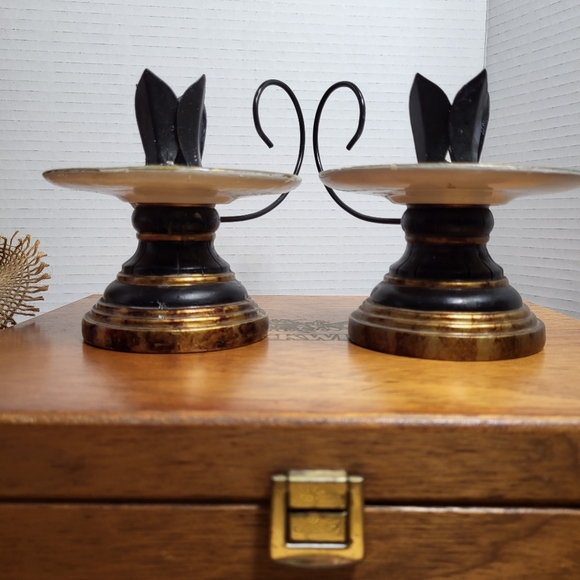 Vintage Pair of Porcelian and Metal Hand Painted Floral Candle Holders - Picture 9 of 17